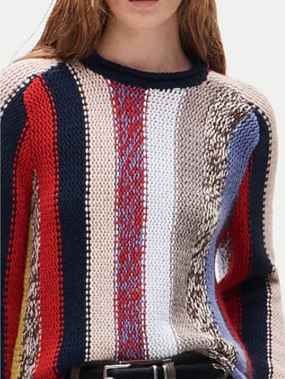 J. Crew Striped Crewneck Sweater in Red, Navy, Cream and Blue.
